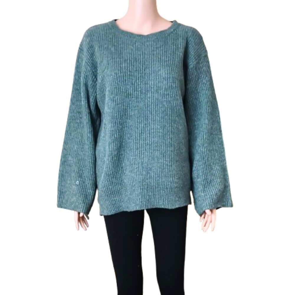 Heimish Ribbed Crew Neck Sweater 1XL/2XL Gray Wide Sleeves Side Slits St…